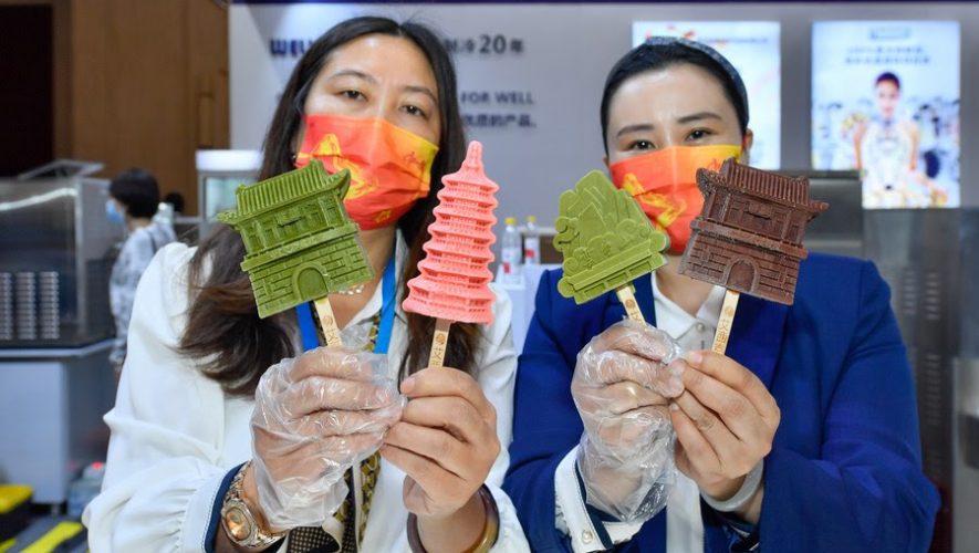 Exhibitors display ice cream products during Ice Cream China 2021 held in north China's Tianjin Municipality, Oct. 11, 2021.